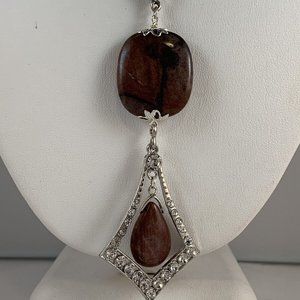 Silver Tone Trace Style Chain Necklace With Brown Stone (NA18)